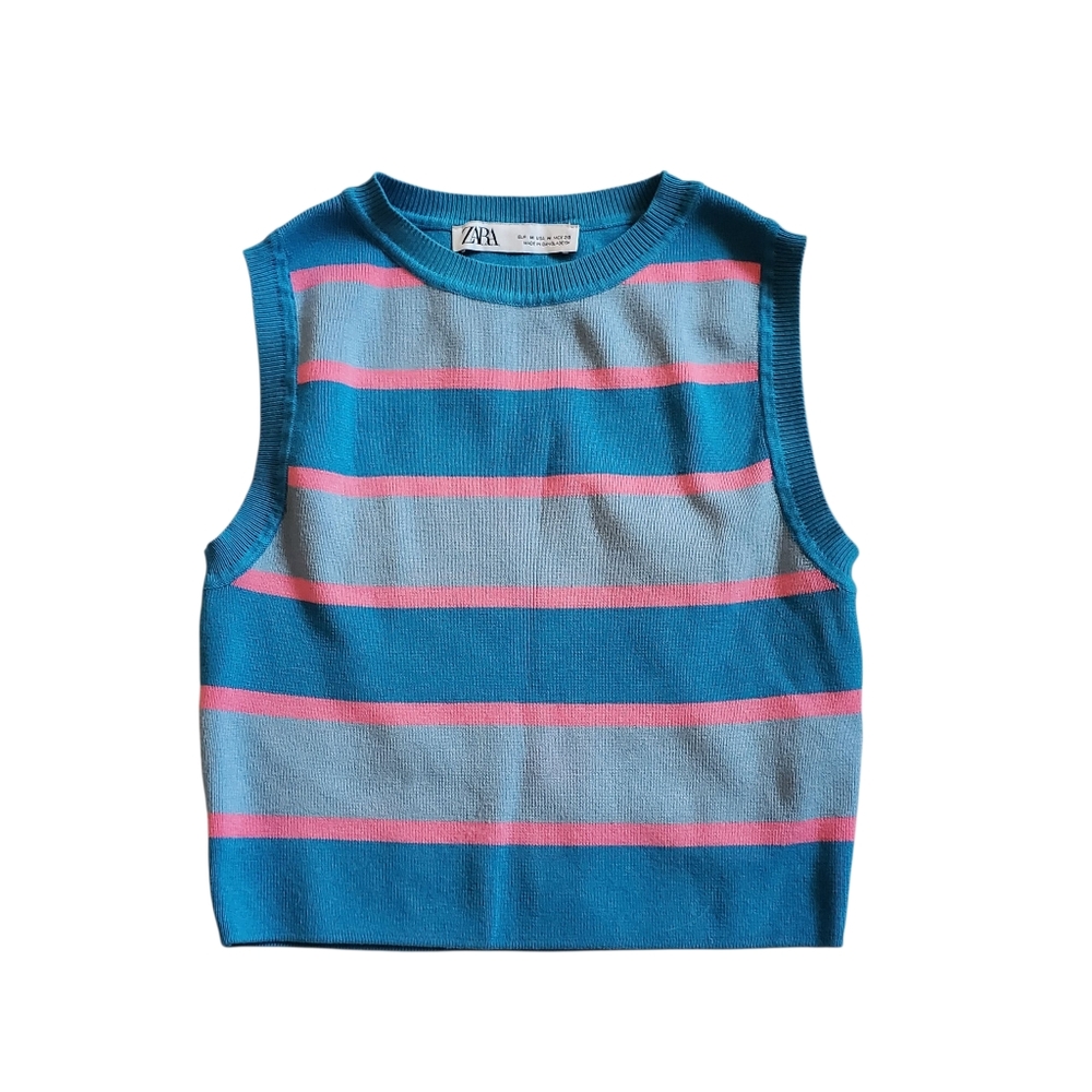 Zara Blue and Pink Striped Knit Tank Top